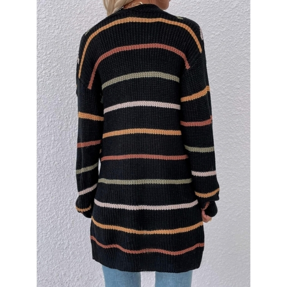 Women's Casual Cardigan Sweaters Drop Shoulder Striped Cardigan Knit Outwear - Picture 3 of 6